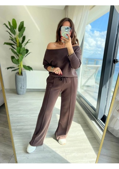 Valensdesign Kadın Uzun Kollu Tek Omuzdan Açık Modal Bluz Ve Pantolon Ikili Takım Kahve