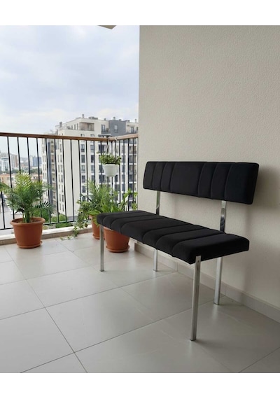Özcan Metal Metal Krom Ayaklı Sırtlı Mutfak Salon Antre Yatak Odası Balkon Puf Bank Oturak Bench Siyah