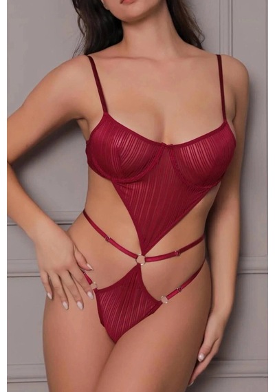 Mentra Online Tül Detaylı Bordo Balenli Özel Tasarım Kadın Bodysuit Sarı