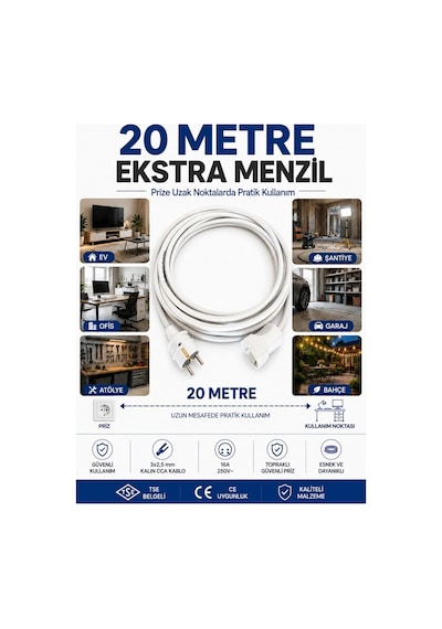 Viko Seyyar Uzatma Kablosu 20 Metre 3x2.5 Mm Cca Kablo Viko Erkek Dişi Fiş Klemensli Terminalli Topraklı Tse Ce Belgeli 20 M
