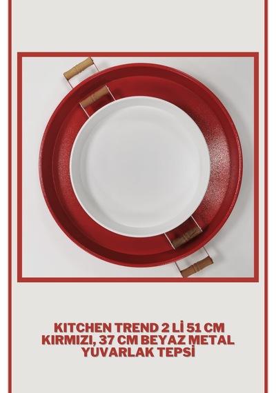 51 CM Kırmızı 37 CM Beyaz 2 Li Metal Yuvarlak Tepsi Sunum Tep .