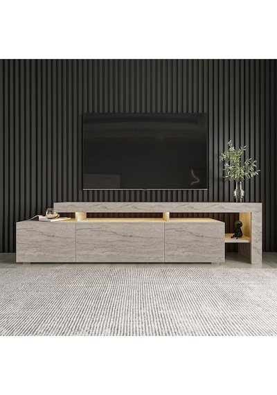Beliz Modern LED Işıklı 3 Kapaklı, Raflı TV Sehpası – 192 cm, Traverten Beliz Modern LED Işıklı 3 Kapaklı, Raflı TV Sehpası – 192 cm, Traverten