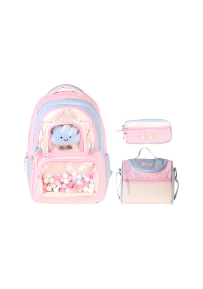 Calacilo Cloudy Pembe Mavi Renkli Pembe - Mavi Kız Çocuk Üçlü İlkokul Okul Çantası Seti - Setcc-c4086a