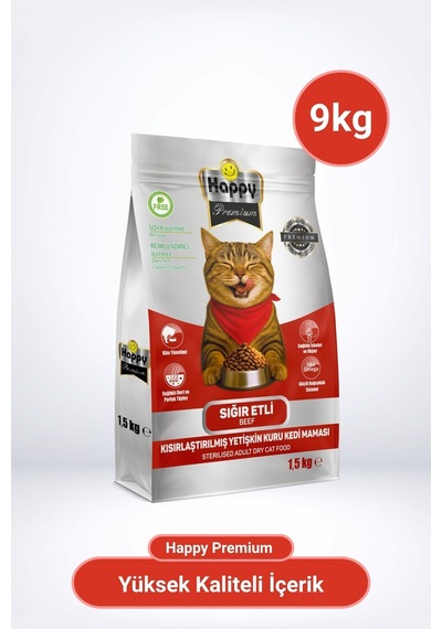 Happy Kısırlaştırılmış Sığır Etli Kuru Kedi Maması 9 KG