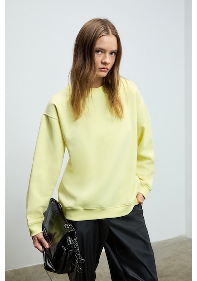 Grımelange KARIUS Kadın Organik Pamuklu İçi Polarlı Oversize Yuvarlak Yakalı Sarı Sweatshirt
