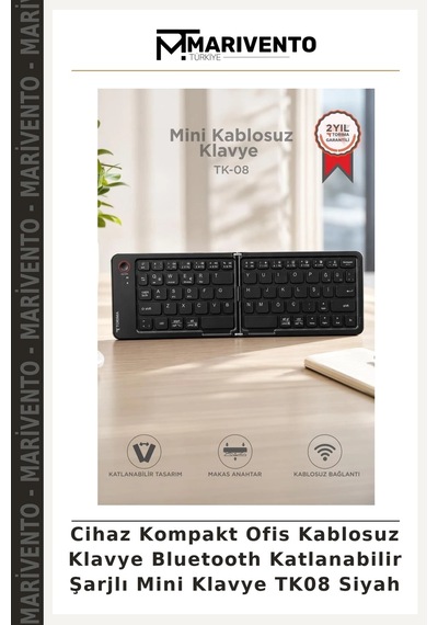 Cihaz Kompakt Ofis Kablosuz Klavye Bluetooth Katlanabilir Şarjlı Mini Klavye Tk08 Siyah