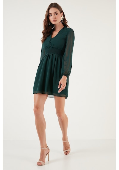 Lela V Yaka Regular Fit Gipeli Düğme Detaylı Şifon Mini Bayan Elbise 611El01433 Zümrüt
