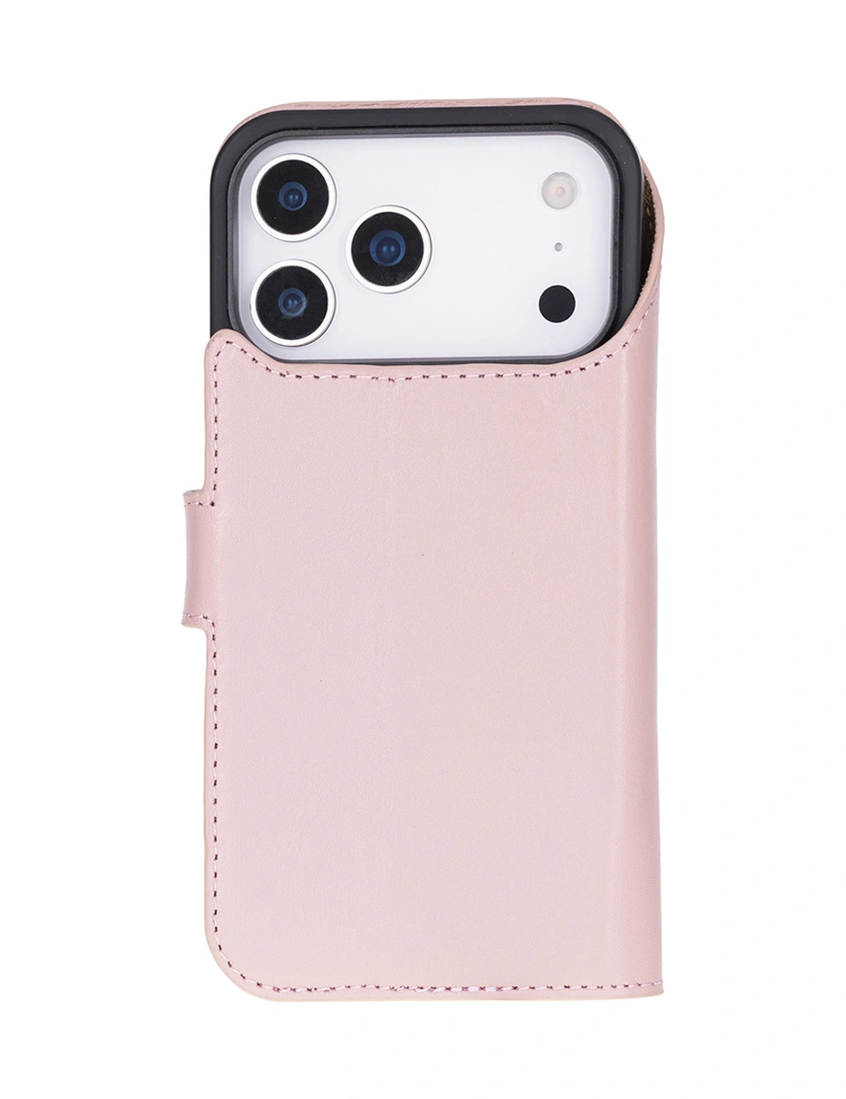 Apple Uyumlu iPhone 17 Pro İçin, Hakiki Deri, El Yapımı Cüzdanlı Kılıf, Magsafe İle , İç Yüzeyi Kadife, Pembe Pembe