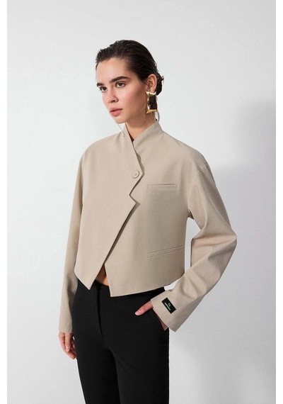 Vatkalı Diagonal Crop Blazer Ceket-20435 Bej