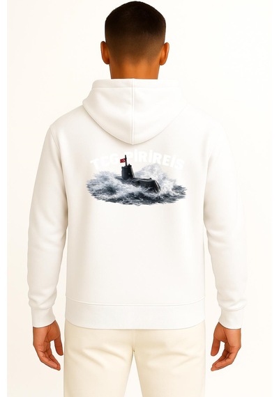 Bahriyeli Collection Kapüşonlu Tcg Pirireis Dalgalar Arası Cep Ve Sırt Baskılı Unisex Sweatshirt Beyaz