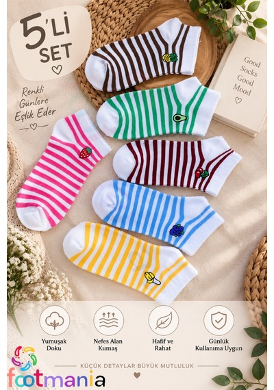 Footmania 5 Çift Kadın Nakışlı Meyve Desenli Çorap Seti Extra Soft Çok Renkli