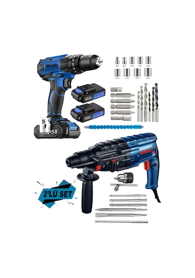 Dragro DRG-eko4258 Mavi Eko 2 Li Set 4200 W Kırıcı Delici Hilti 58 V Setli Şarjlı Matkap