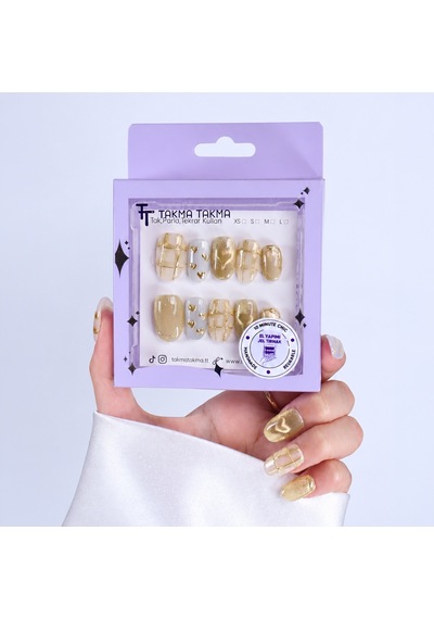 Takma Tırnak Sarı Nail Art Kısa Oval 10'lu Tekrar Kullanılabilir El Yapımı Protez Takma Tırnak Ekov3031 M