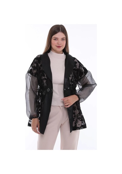 Furrier Organze Flok Baskılı Saten Detaylı Ceket Siyah