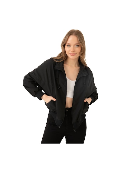 Spor Kadın Dik Yaka Su Ve Rüzgar Geçirmez Oversize Crop Mevsimlik Yağmurluk Rüzgarlık-133 Siyah