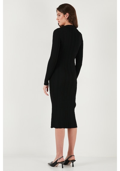 Lela Premium Fitilli V Yaka Slim Fit Midi Boy Triko Bayan Elbise 680El00282 Siyah