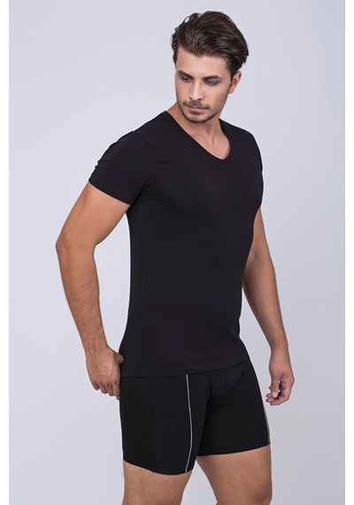 Çift Kaplan Erkek Elastanlı V Yaka T-shirt 0956 3'lü Siyah