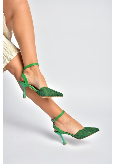 Fox Shoes Y752044206 Yeşil Dantelli İnce Topuklu Kadın Ayakkabı