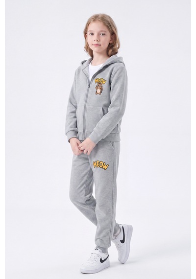 Fyk Kids 3 İplik Baskılı Fermuarlı Kız Çocuk Eşofman Takımı Gri