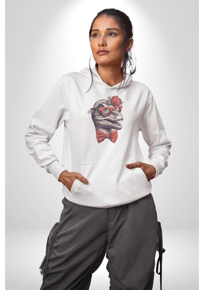 Kırmızı Gözlük Papyon Dinazor Kadın Erkek Beyaz Kapüşonlu Sweatshirt Hoodie Beyaz