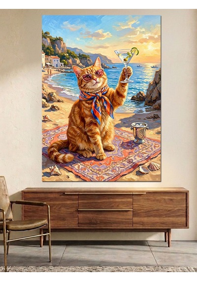 Kedi Plajda Kokteyl İçiyor Komik Dekoratif Kanvas - Mdf Ahşap Tablo