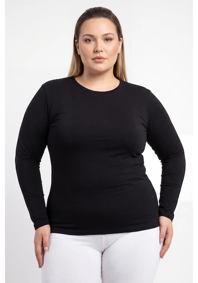 Hadpols Premium Düz Renk Tekstil Stil Kadın Büyük Beden Bisiklet Yaka Uzun Kollu Body siyah