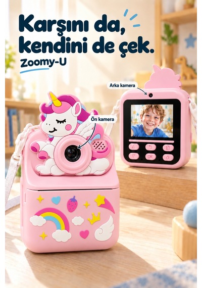 Kj/zm-004 Zoomy-u Unicorn Figürlü Anında Baskılı Çocuk Fotoğraf Makinesi, Çift Kamera, 2,4 İnç Ekran, 1080p Video, 3+ Yaş Pembe