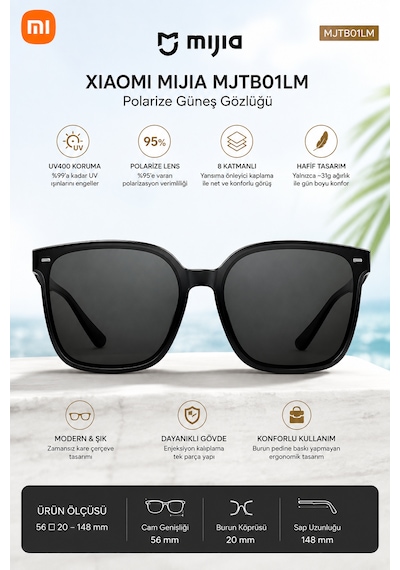 Mijia Square Polarize %95+ Oar Kaplama Uv400 Unisex Güneş Gözlüğü Hd Nylon Lens Siyah Çerçeve Mjtb01lm
