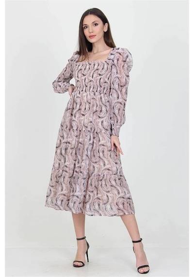 Neşeli Butik Kadın Bej Desenli Kare Yaka Gipeli Şifon Elbise Nb100361 Bej