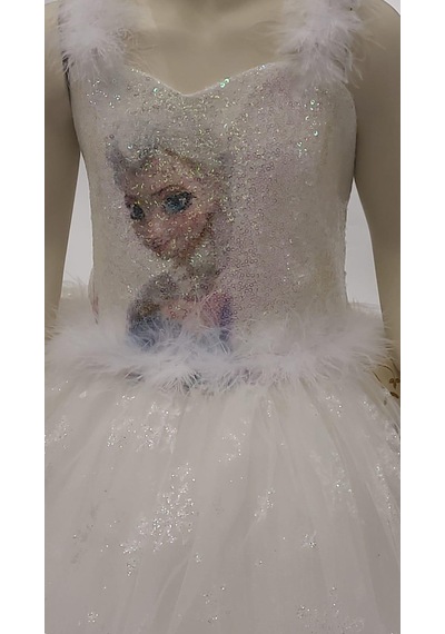 Okay Kız Çocuk Tarlatanlı Simli Frozen Abiye-8076-krem Krem