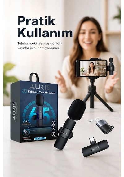 Kablosuz Yaka Mikrofonu Telefon İçin Usb-c Lightning Adaptörlü Kompakt Kayıt Cihazı