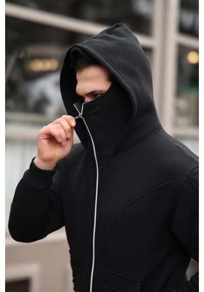 Barlashive Erkek 3 İplik Şardonlu Maskeli Ninja Model Çift Kapüşonlu Fermuarlı 4 Cepli Sweatshirt- Siyah Çok Renkli