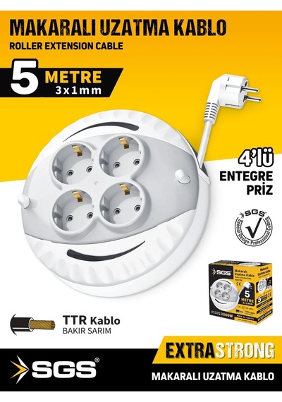 Sgs Saklı Kablolu Makaralı Uzatma Kablosu 3x1 - 4 Priz - 5 Mt. 5 M