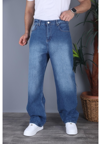 Felvıno Erkek Yıkamalı Süper Baggy Bol Kesim Kot Pantolon Koyu Mavi