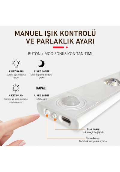 Neo Vista Hareket Sensörlü Slim Led Kabin Armatürü Dekoratif Dim Edilebilir Usb Şarjlı Aydınlatma Beyaz, 20 Cm Diğer