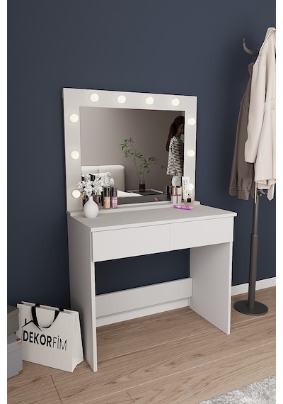 Dekorfim DF02108B LED Işıklı Aynalı Holywood Makyaj Masası, Bölmeli Çekmeceli Organizer Kozmetik Masası Dekorfim DF02108B LED Işıklı Aynalı Holywood Makyaj Masası, Bölmeli Çekmeceli Organizer Kozmetik Masası