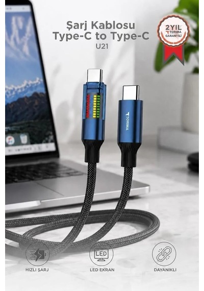 Fonksiyonel Eşya Akıllı Aksesuar Günlük Kullanım U21 Şarj Kablosu Type-c To Type-c 60w Siyah