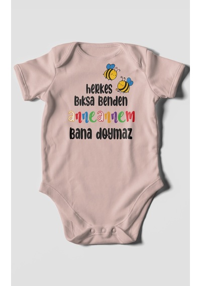 Herkes Bıksa Benden Anneannem Bana Doymaz Baskılı Bebek Zıbını %100 Pamuk Kısa Kol Pastel Pembe