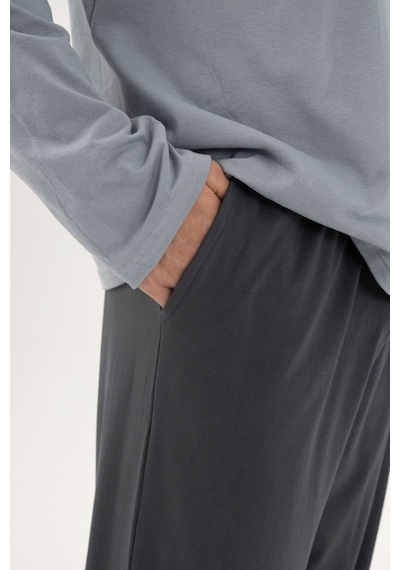 Erkek Pamuklu Double Yaka Uzun Kollu Cep Detaylı Pijama Takımı Ko60112 Gri