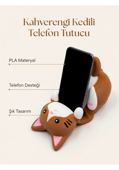 Kahverengi Kedi Figürlü Telefon Tutucu Stand - 3d Baskı Ofis Masaüstü Aksesuarı Ve Biblo