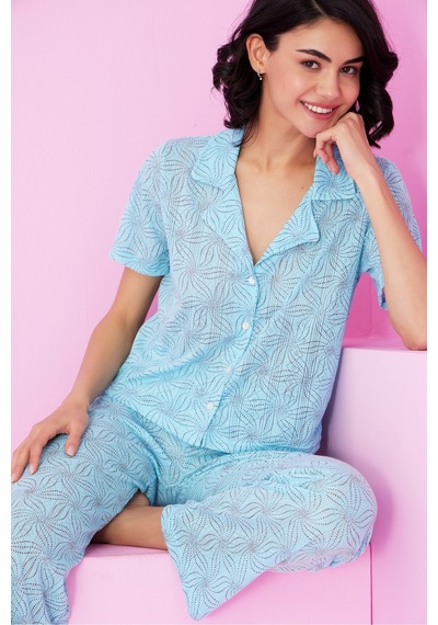 Siyah İnci Pointel Ajurlu/delikli Gömlek Yaka Örme Düğmeli Pijama Takım mavi