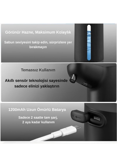 Otomatik Sensörlü Köpük Sıvı Sabunluk - Şarjlı- Dijital Led Ekran - Duvara Monte - E15 Model Siyah 12 Izgara