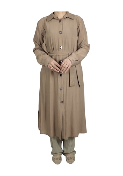 Ece Giyim Kadın Önü Çıtçıtlı Beli Kuşaklı Tunik Krem
