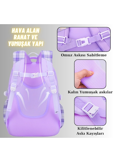 Kız Çocuk Okul Sırt Çantası Ergonomik Özel Tasarım Çok Bölmeli Geniş Kapasite Okul Çantası Mor