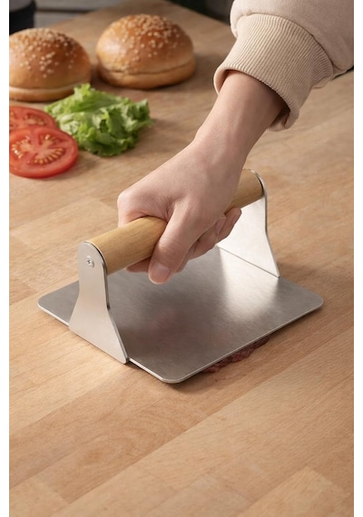304 Paslanmaz Çelik Kare Burger Presi / 12 Cm Ahşap Saplı Smasher / 3 Mm Kalın Paslanmaz Çelik Gövde / Izgara Ve B