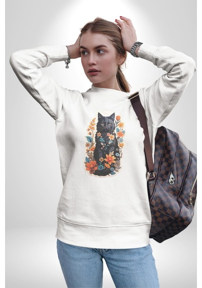 Çiçekli Siyah Kedi Etiket Unisex Beyaz Baskılı Sweatshirt Beyaz