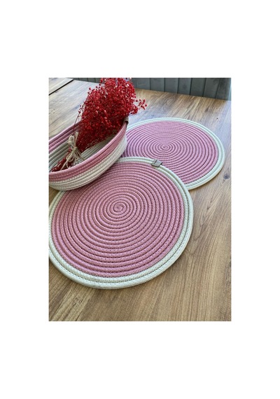 Jüt Hasır Amerikan Servis Supla Ve Sepet 3 Parça Pembe Krem Pembe Krem