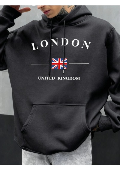 Startmore Tarzsokak Londra Birleşik Krallık Bayrağı Baskılı Kapüşonlular Erkekler Moda Sonbahar Hoody Rahat Polar Antrasit