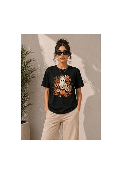 Butik İstanbul Balkabağı Hayalet Baskılı Tişört Kısa Kol Yazlık T-shirt - Siyah