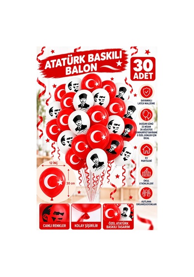 Atatüklü Ve Bayraklı Balon 30 Adet Ata Balon Süsleme 29 Ekim 23 Nisan Kırmızı Beyaz Balon Bayrak Balon Bayram Beyaz - Kırmızı